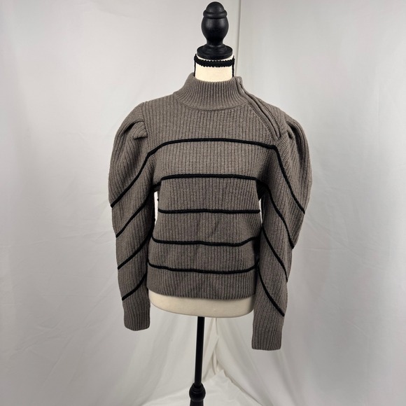 ba&sh Sweaters - ba&sh Lady Pullover Women Size M Chamois Brown Stripe Puff Shoulder Zip Wool Yak